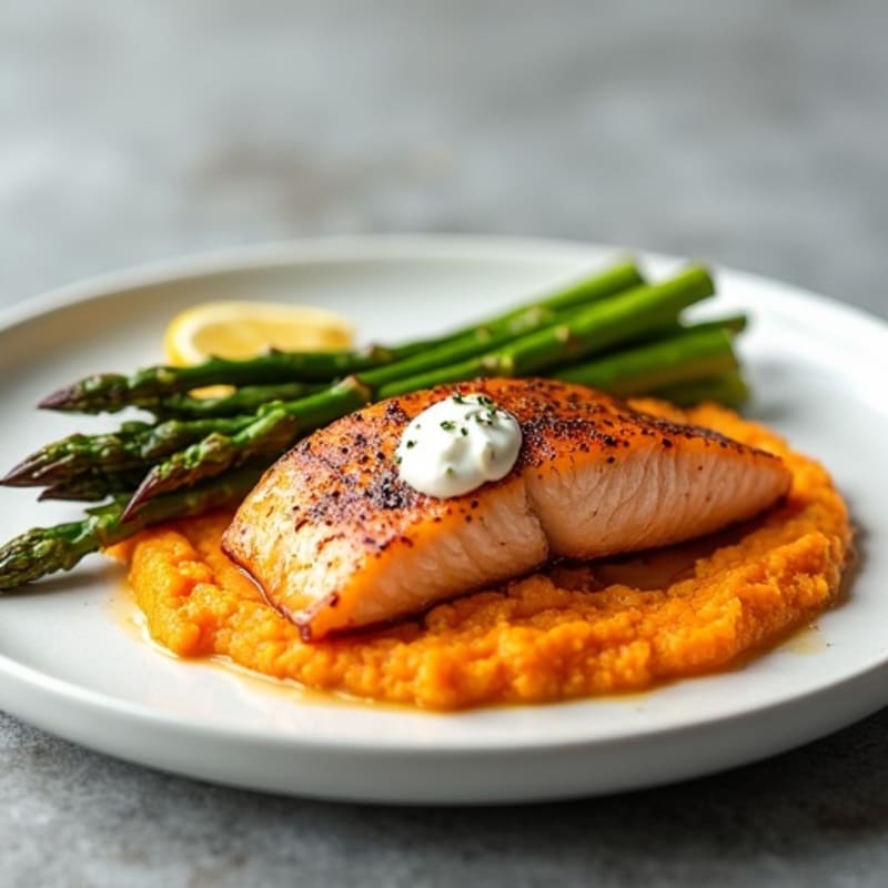 Seared Salmon with Roasted Asparagus and Sweet Potato Mash