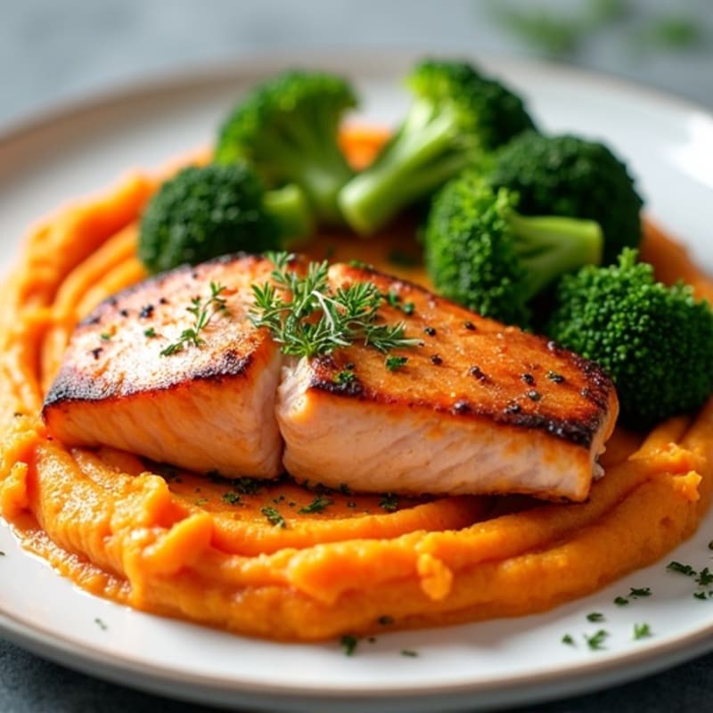 Seared Salmon with Roasted Broccoli and Sweet Potato Mash