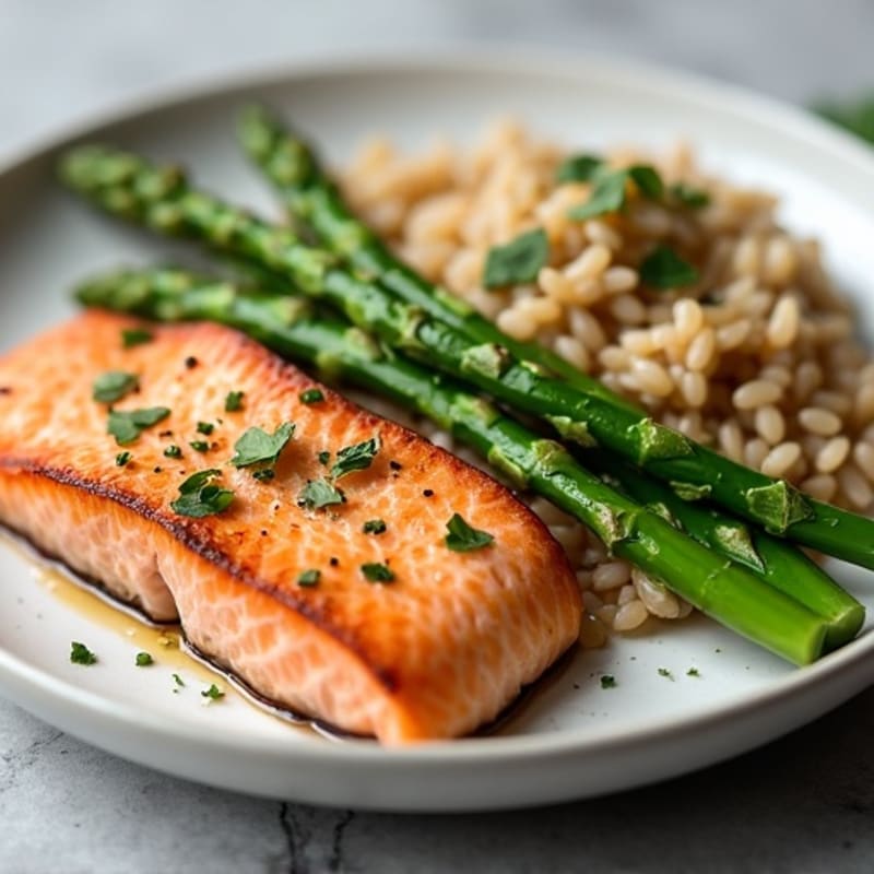 Seared Salmon with Steamed Asparagus and Brown Rice