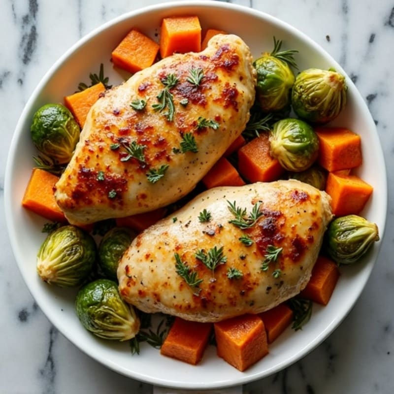 Sheet Pan Garlic Herb Chicken with Crispy Brussels Sprouts and Sweet Potatoes