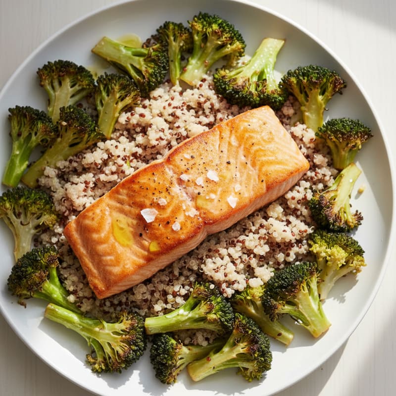 Seared Salmon Fillet with Roasted Broccoli and Quinoa