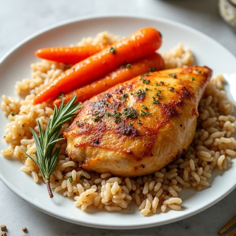Herb-Roasted Golden Chicken with Fluffy Brown Rice and Roasted Carrots