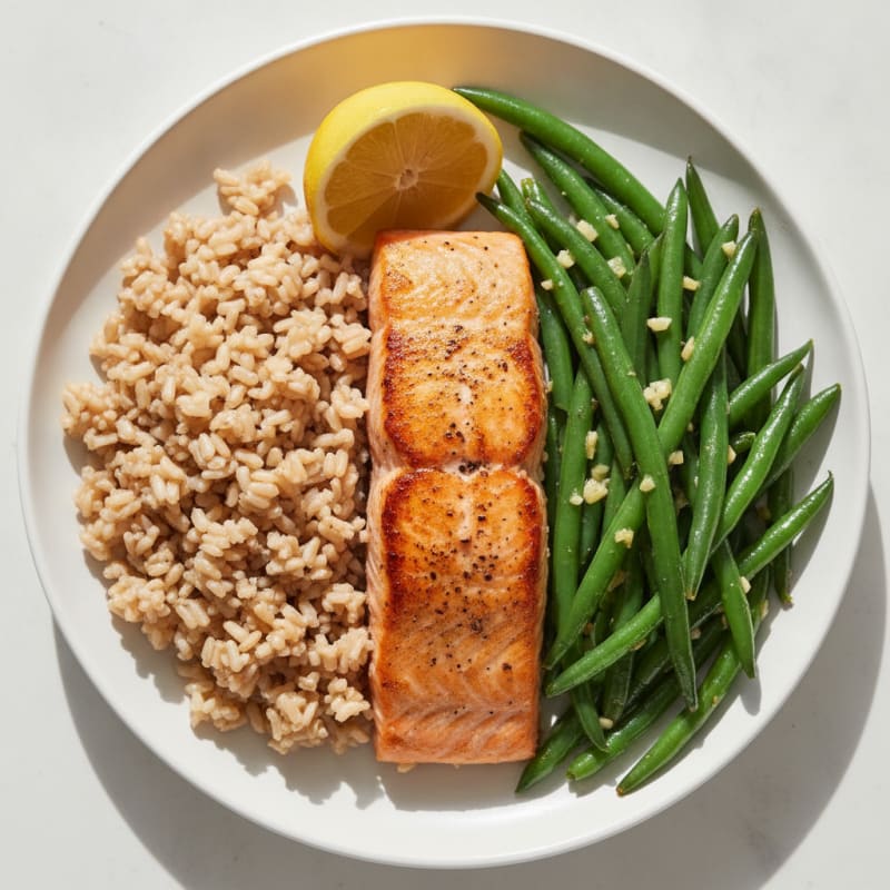 Seared Salmon with Garlic Green Beans and Brown Rice