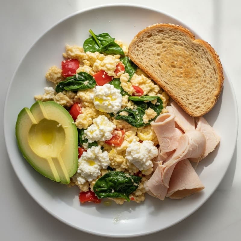 Egg White Veggie Scramble with Cottage Cheese and Sliced Turkey