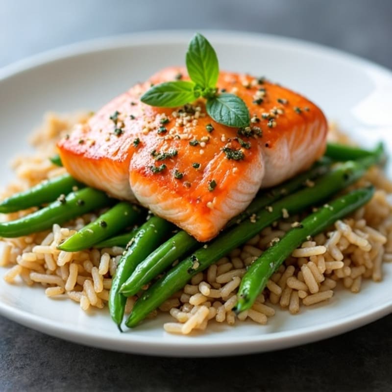 Seared Salmon with Garlic Green Beans and Brown Rice