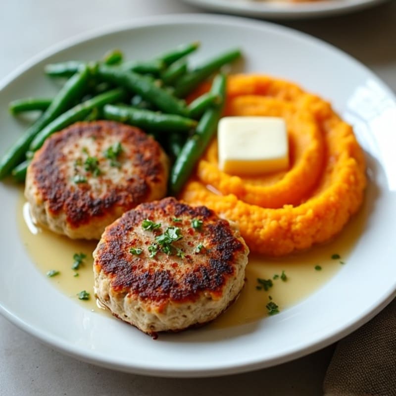 Seared Turkey Patties with Garlic Green Beans and Sweet Potato Mash