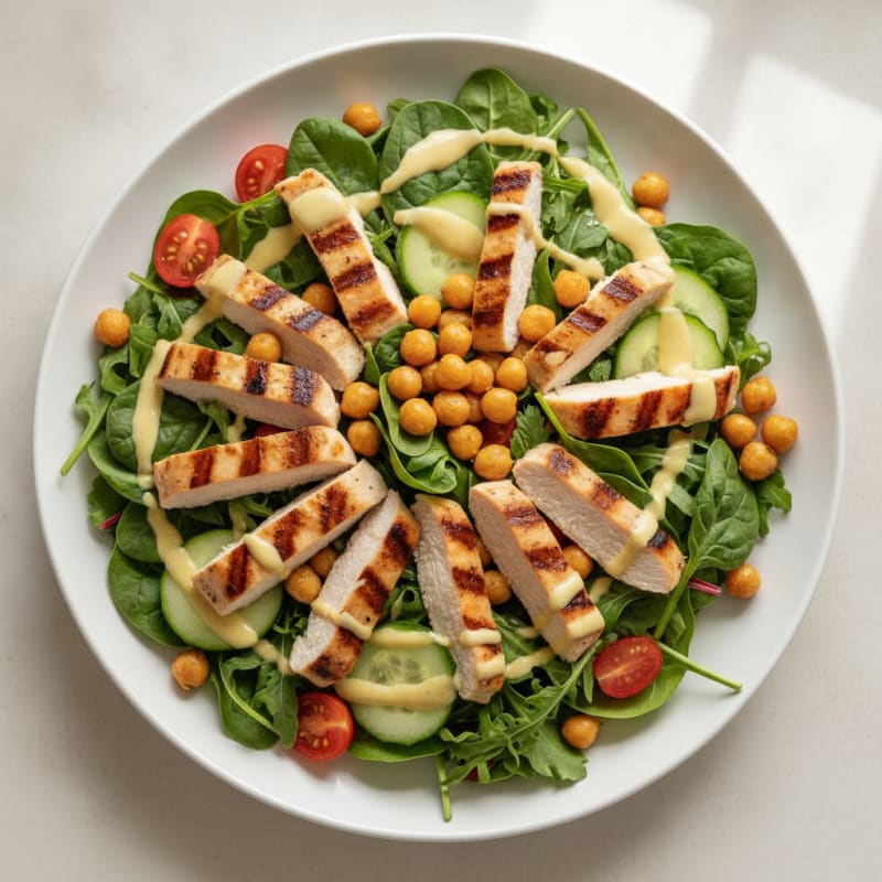 Grilled Chicken Breast Salad with Roasted Chickpeas and Mixed Greens