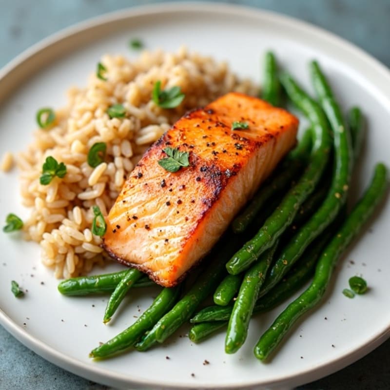 Seared Salmon with Garlic Green Beans and Brown Rice