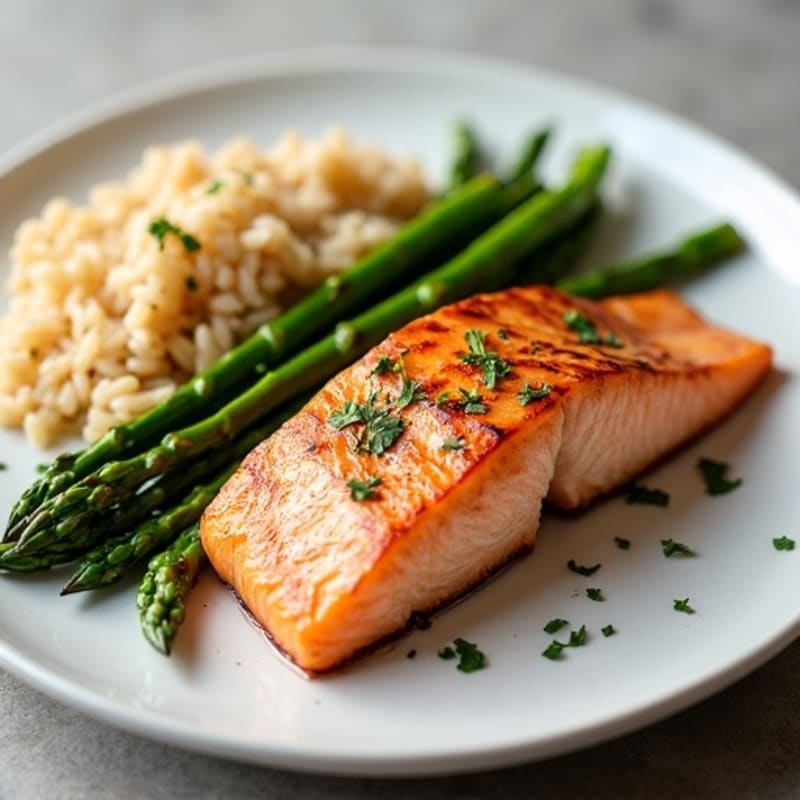 Seared Salmon with Steamed Asparagus and Brown Rice