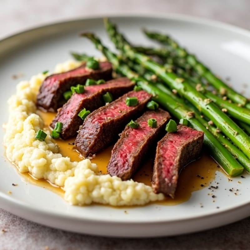 Seared Lean Beef Strips with Roasted Asparagus and Cauliflower Mash