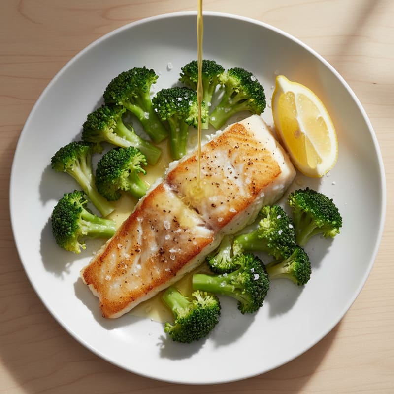 Seared Cod with Steamed Broccoli and Lemon