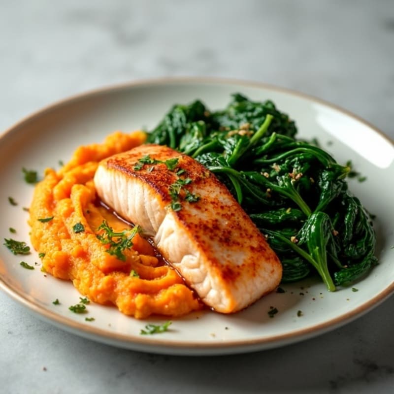 Seared Salmon with Garlic Spinach and Sweet Potato Mash