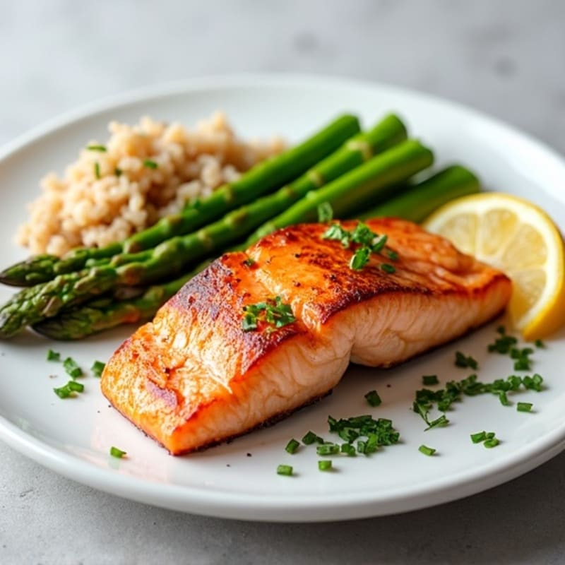Seared Salmon Fillet with Steamed Asparagus and Brown Rice