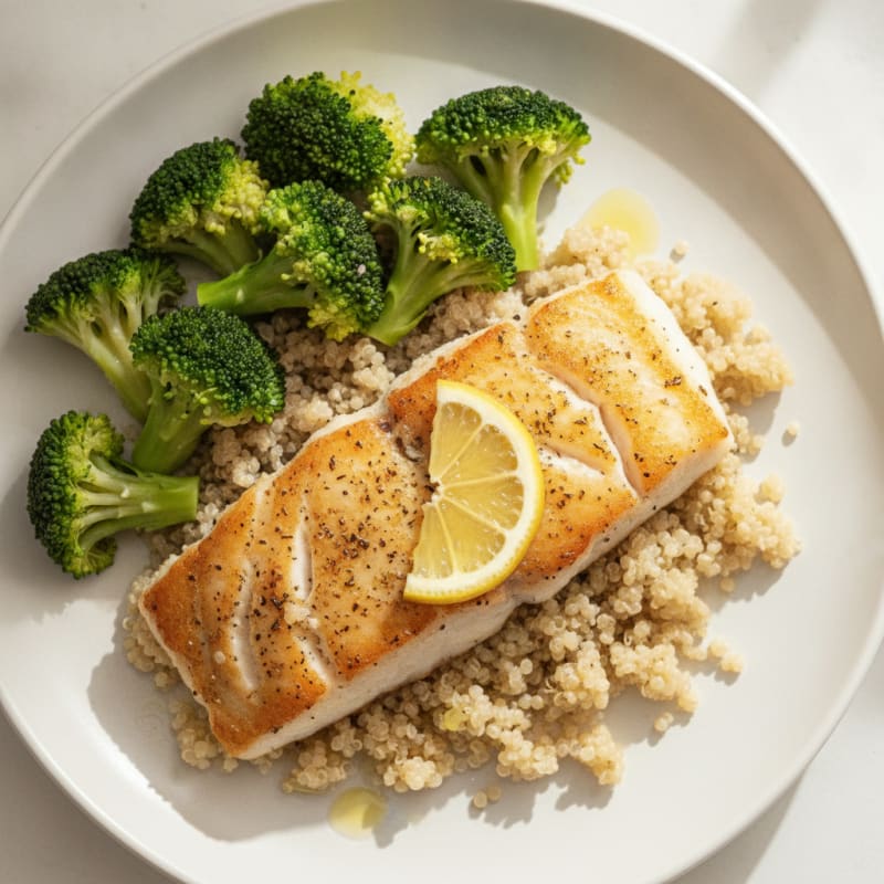 Seared Cod with Steamed Broccoli and Quinoa