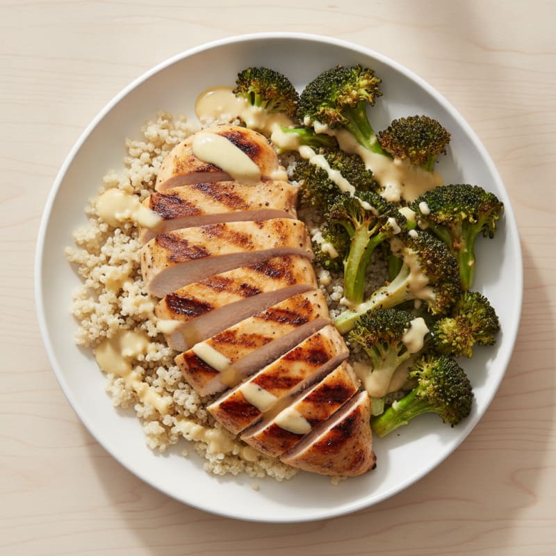 Grilled Chicken Breast Bowl with Quinoa, Roasted Broccoli, and Lemon Tahini Drizzle