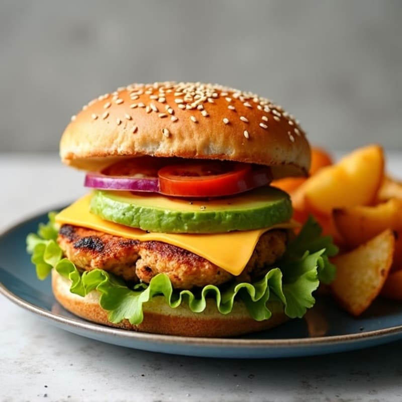 Grilled Chicken Burger with Fresh Avocado and Baked Potato Wedges