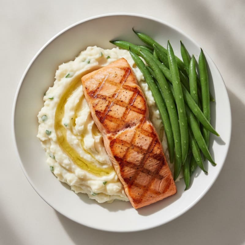 Grilled Salmon with Garlic Mashed Potatoes and Steamed Green Beans