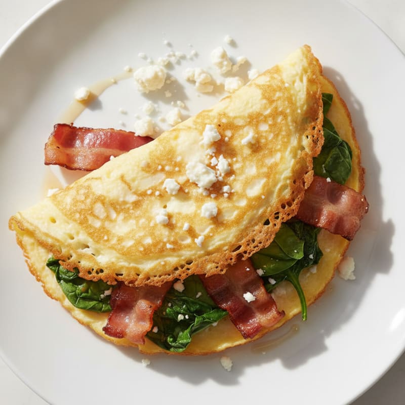Crispy Egg White Omelette with Turkey Bacon and Sautéed Spinach