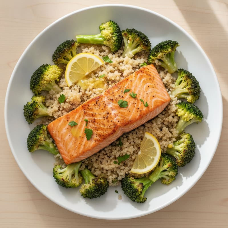 Seared Salmon Fillet with Roasted Broccoli and Quinoa