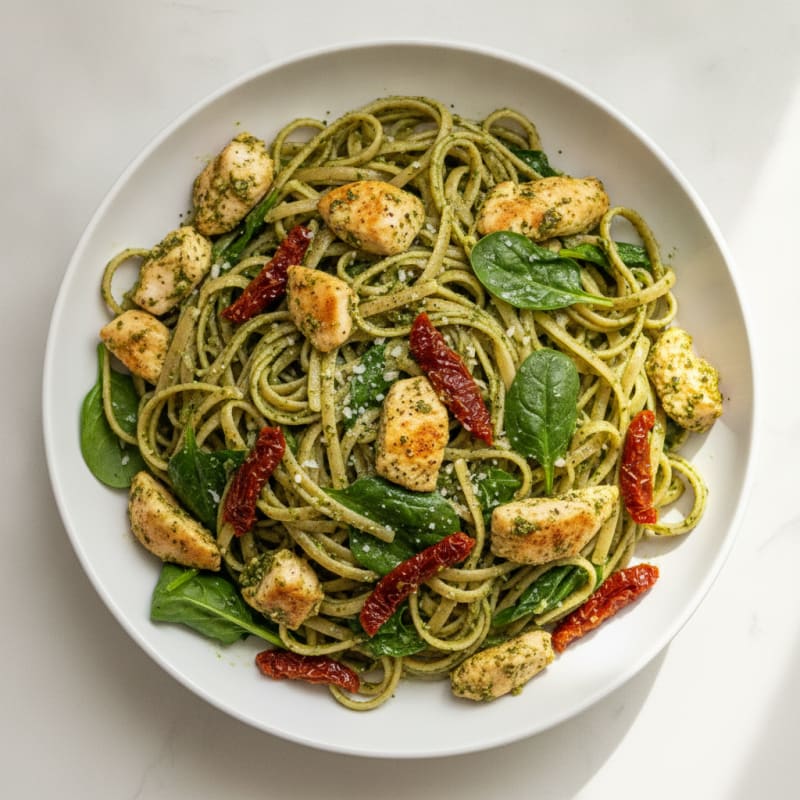 Pesto Chicken Linguine with Sun-Dried Tomatoes