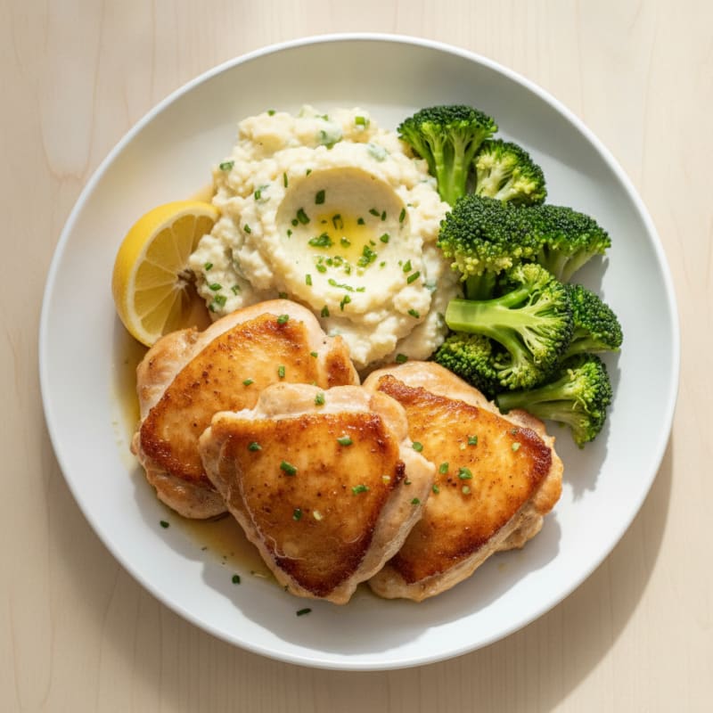 Seared Chicken Thighs with Steamed Broccoli and Herbed Cauliflower Mash