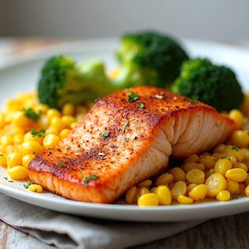 Flaky Spiced Salmon with Roasted Corn and Broccoli Rice