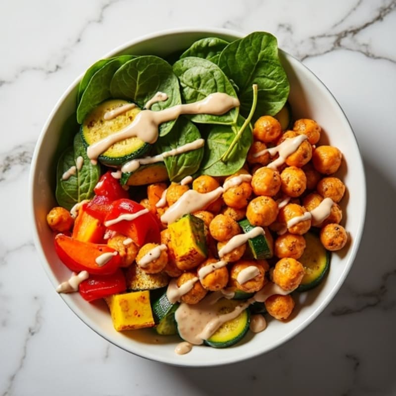 Crispy Chickpea and Roasted Vegetable Bowl with Creamy Tahini