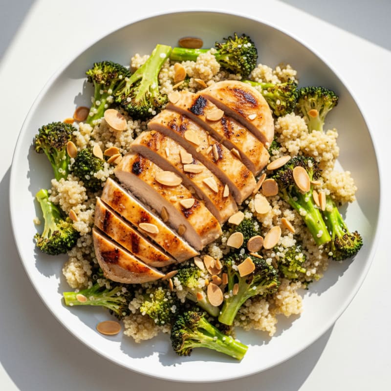 Grilled Chicken Breast and Quinoa Salad with Roasted Broccoli