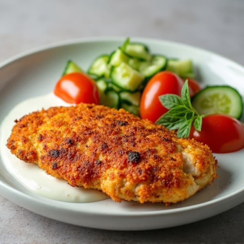 Crispy Spiced Chicken with Fresh Cucumber Tomato Salad and Creamy Yogurt Sauce