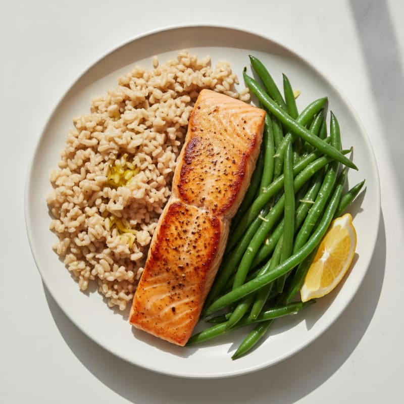Seared Salmon with Steamed Green Beans and Brown Rice