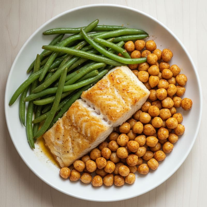 Baked Cod with Crispy Chickpeas and Steamed Green Beans