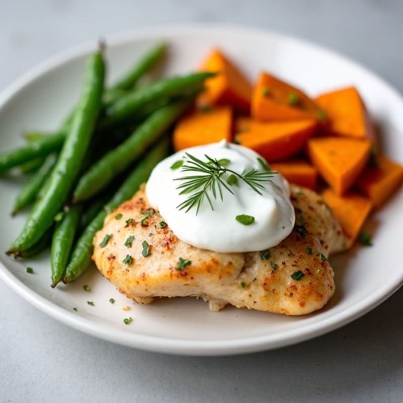 Creamy Herb Chicken with Roasted Sweet Potatoes and Crispy Green Beans