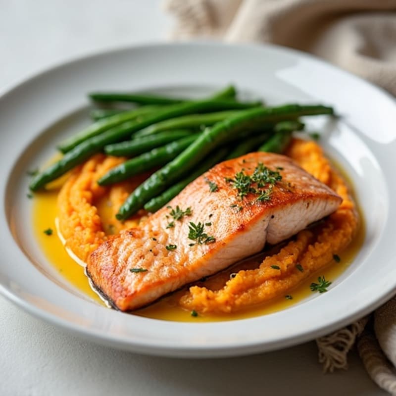 Seared Salmon Fillet with Garlic Green Beans and Sweet Potato Mash