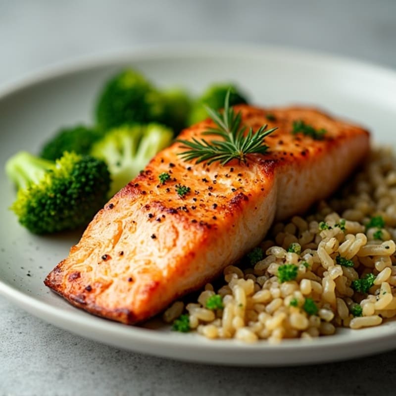 Seared Salmon with Steamed Broccoli and Herb Rice