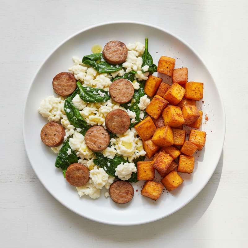 Egg White and Turkey Sausage Scramble with Spinach and Roasted Sweet Potatoes
