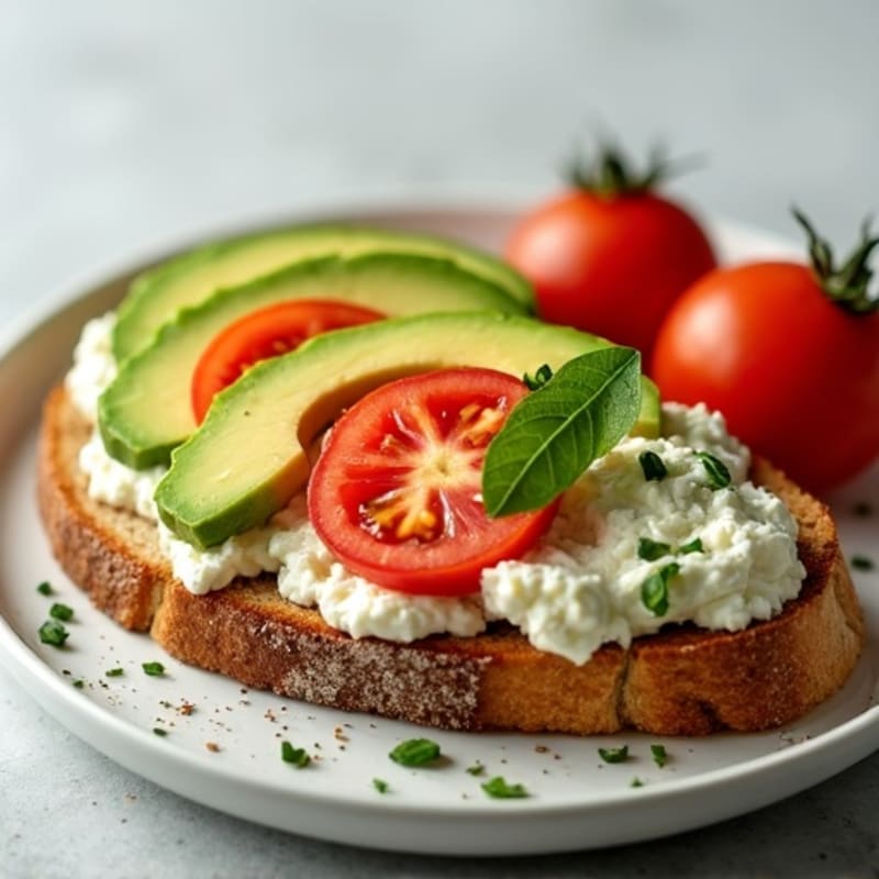 Crispy Whole Grain Toast with Creamy Cottage Cheese, Sliced Avocado, and Fresh Tomatoes