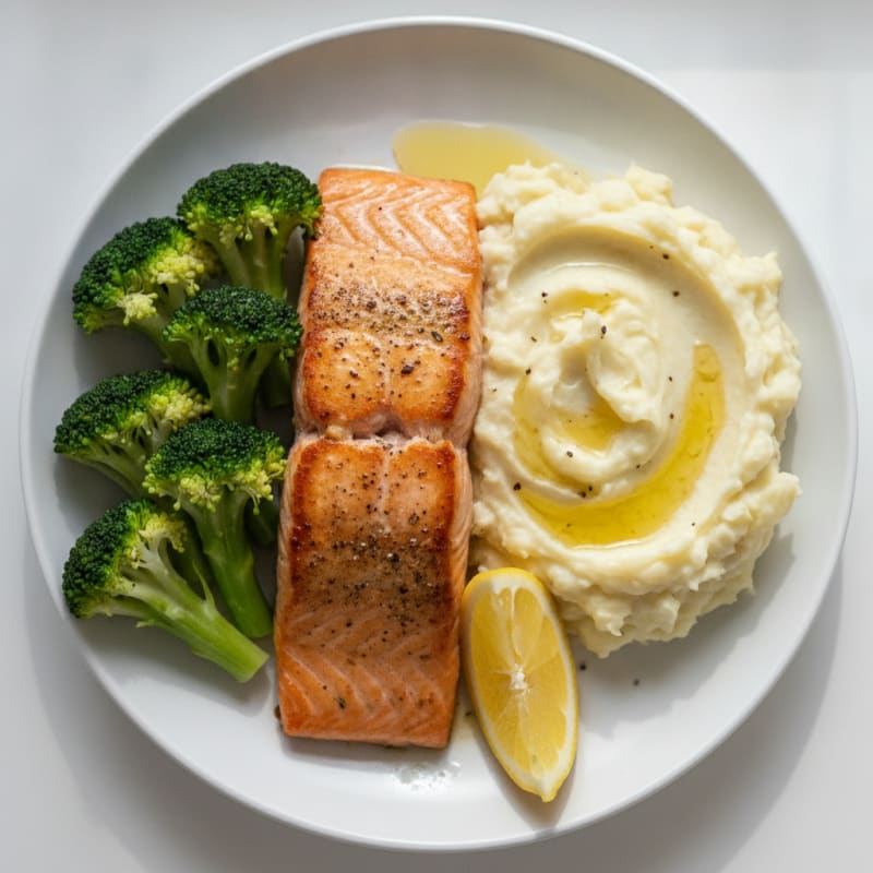 Seared Salmon with Steamed Broccoli and Garlic Mashed Potatoes