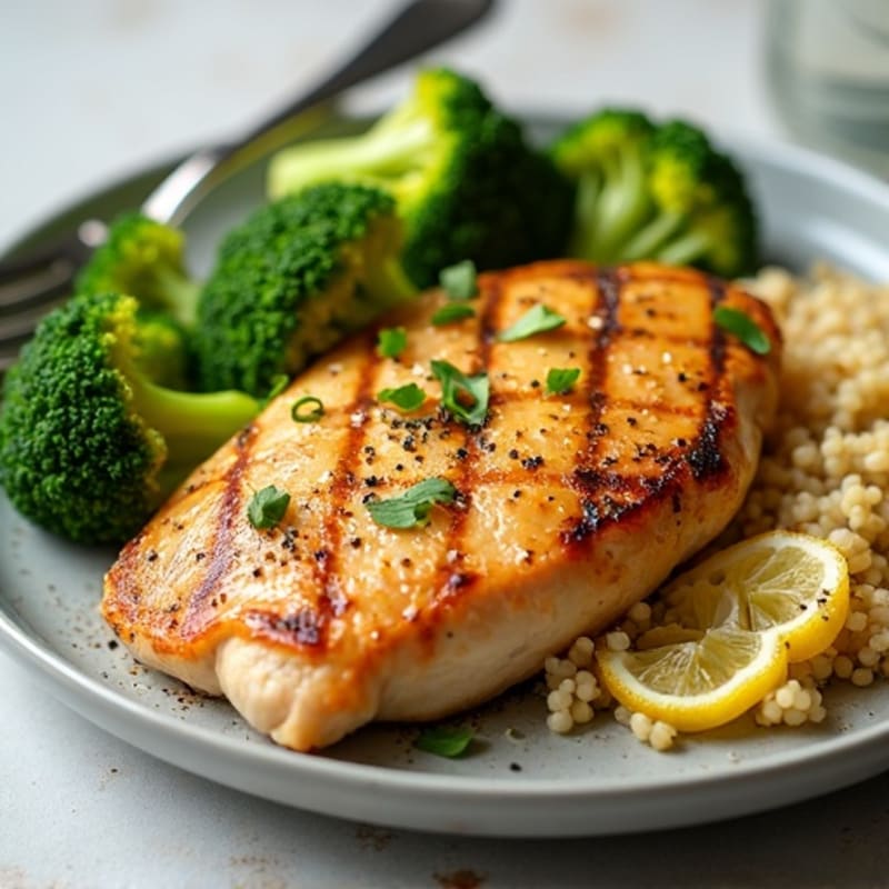 Grilled Lemon-Garlic Chicken Breast with Quinoa and Steamed Broccoli