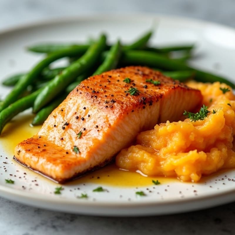 Seared Salmon with Garlic Green Beans and Mashed Sweet Potato