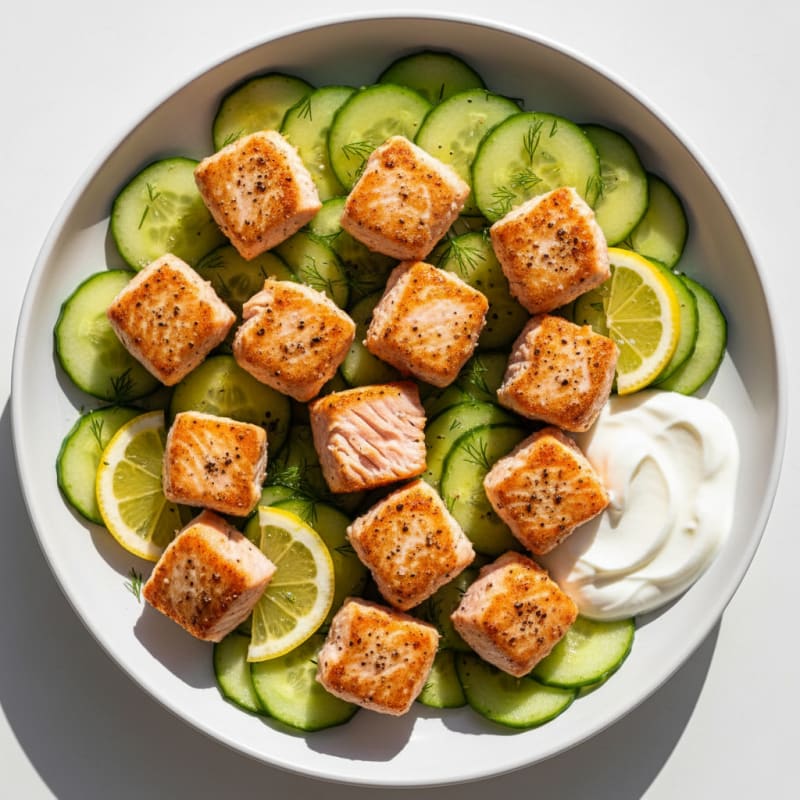 Golden Pan-Seared Salmon Bites with Zesty Cucumber
