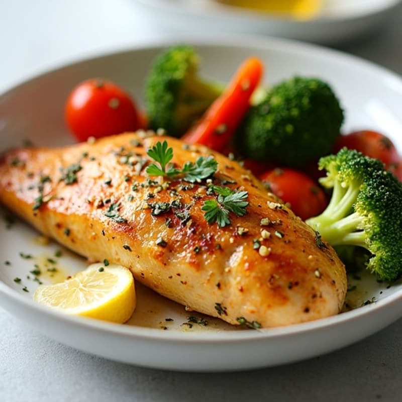 Crispy Lemon Garlic Roasted Chicken with Fresh Herbs and Roasted Vegetables