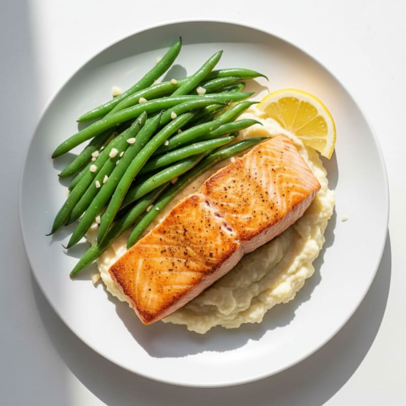 Seared Salmon with Garlic Green Beans and Cauliflower Mash