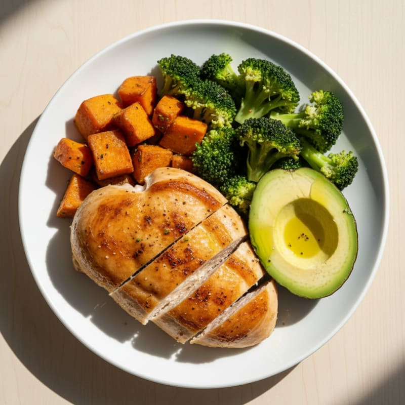 Roasted Chicken Breast with Sweet Potato and Steamed Veggies