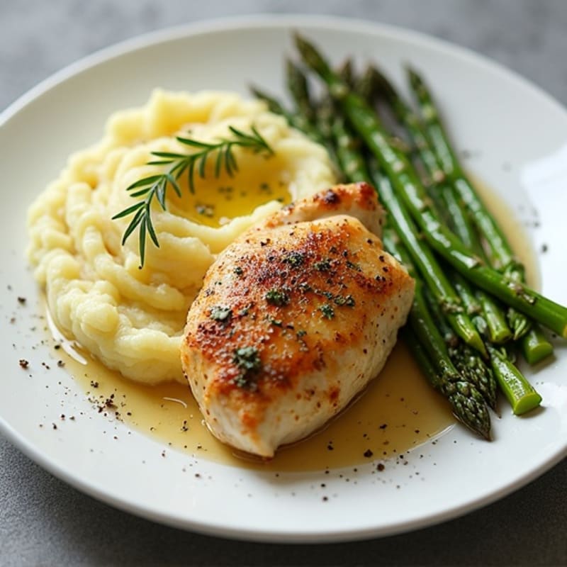 Garlic Herb Roasted Chicken with Creamy Buttery Garlic Mashed Potatoes and Crispy Roasted Asparagus