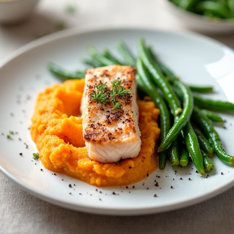 Seared Salmon with Steamed Green Beans and Sweet Potato Mash