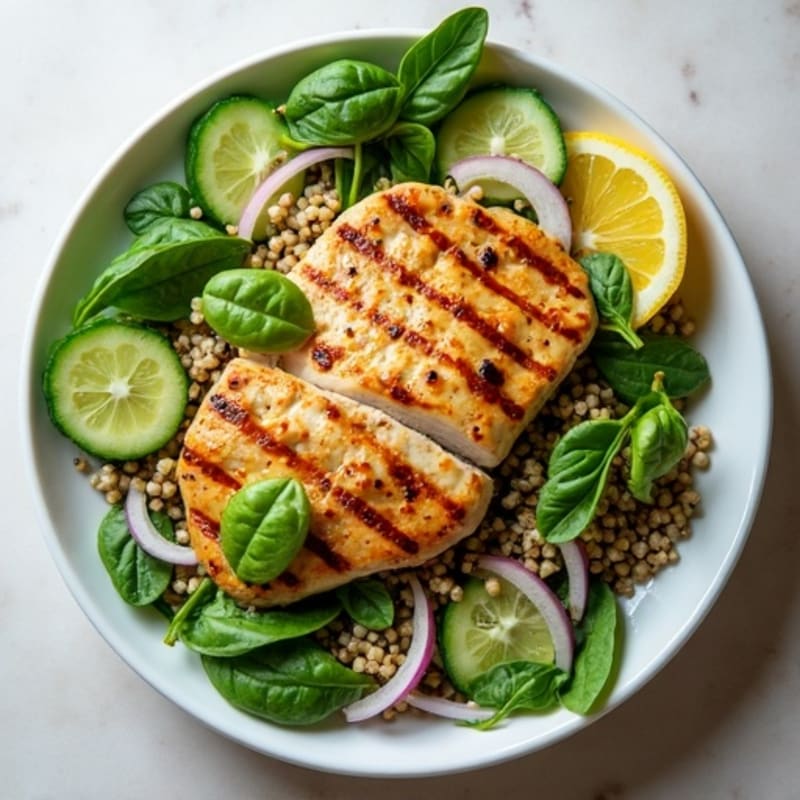 Grilled Chicken Spinach Salad with Quinoa and Lemon Vinaigrette