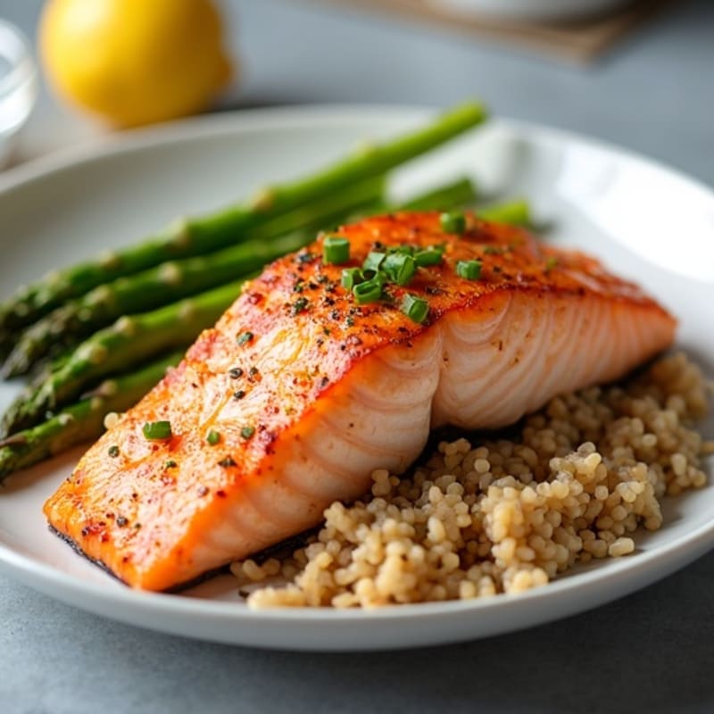Baked Salmon Fillet with Steamed Asparagus and Brown Rice