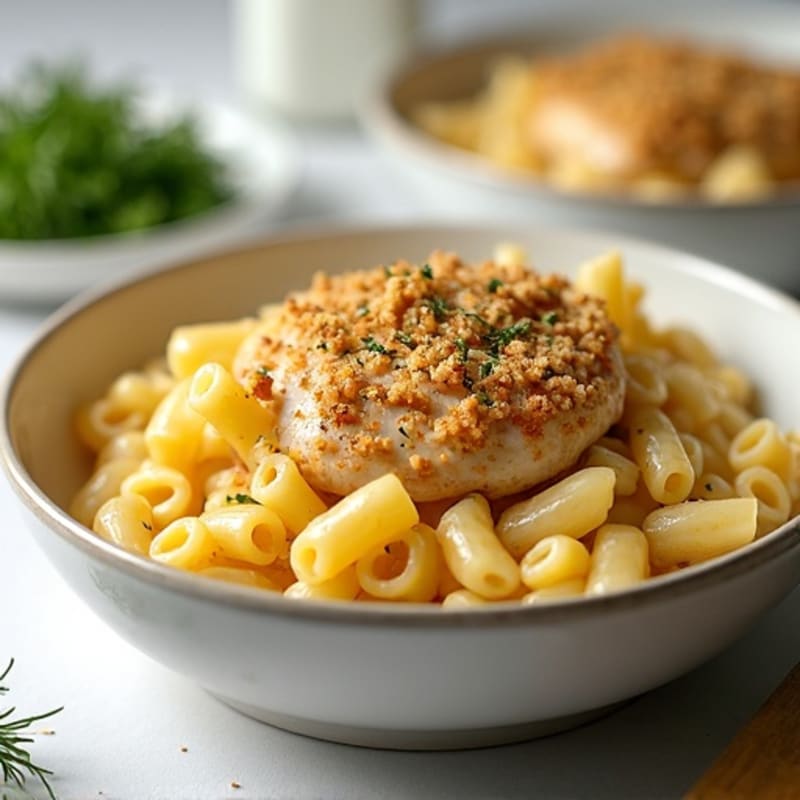 Creamy Baked Chicken and Whole Wheat Mac with Crispy Herb Topping