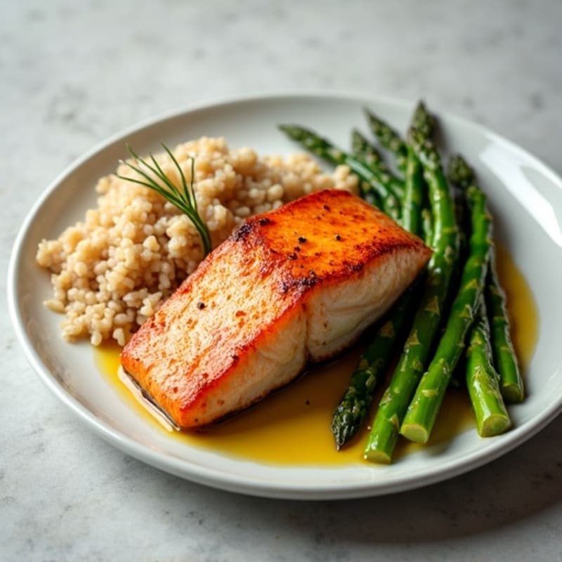 Seared Salmon Filet with Steamed Asparagus and Brown Rice