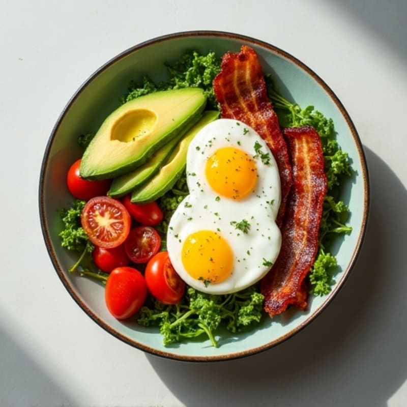 Crispy Turkey Bacon, Roasted Tomato, and Fresh Greens Bowl with Creamy Avocado Dressing